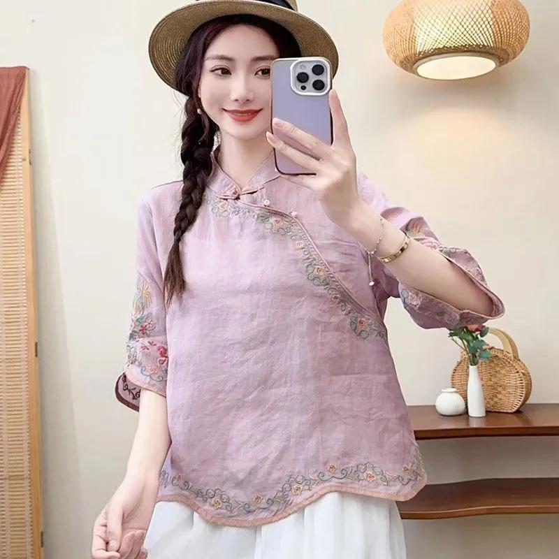 Women Chinese Style Vintage Embroidery Blouses Stand Collar Seven Quarter Sleeve Loose Shirts Summer Irregular Tops