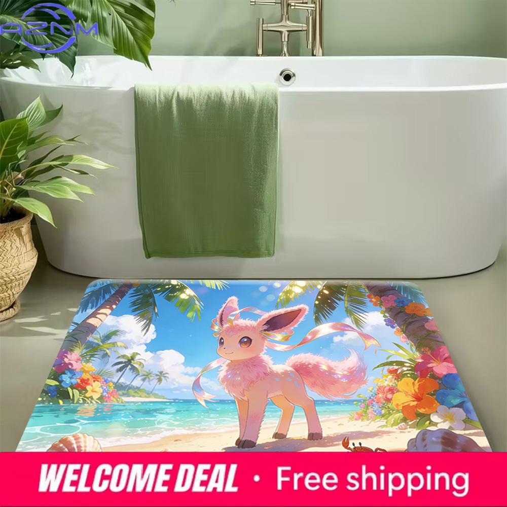 Summer Beach Anime Deer Print Doormat Non-Slip Absorbent Floor Mat for Bathroom Entrance Home Decor