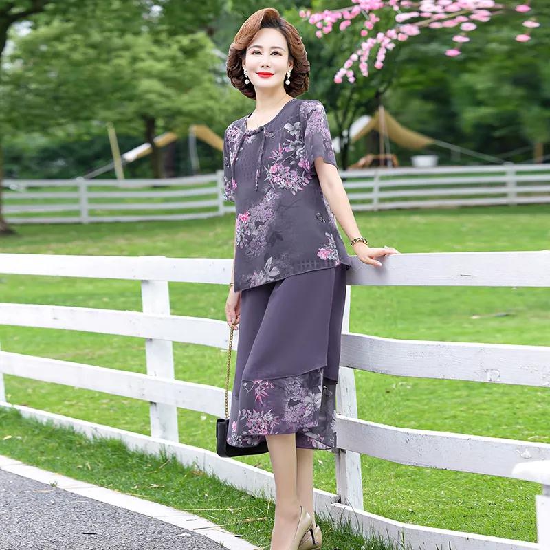 Women's Summer Casual Plus Size Set, Middle-aged and Elderly, Short Sleeved Tied Small Shirt+loose Pants, Chiffon Two-piece Set