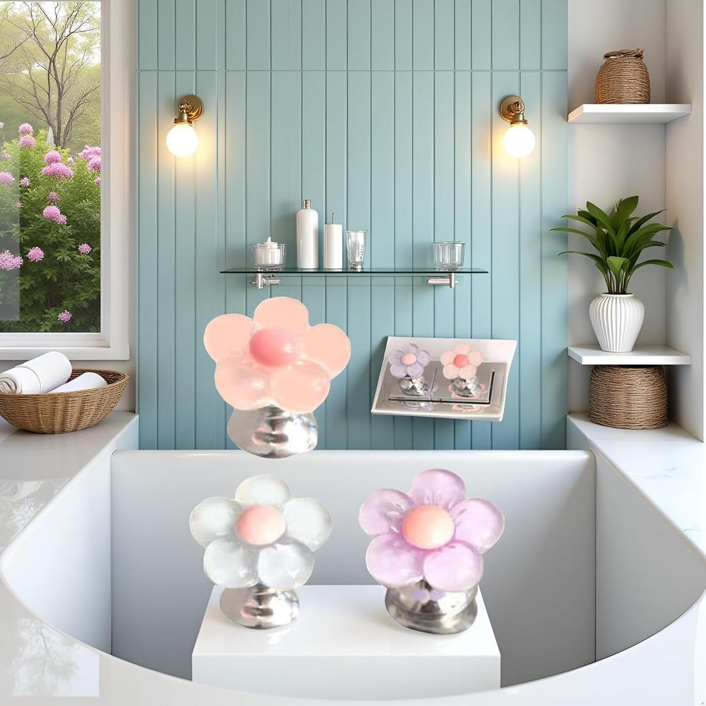 3Pcs Multicolor Cute Flower Shaped Toilet Buttons,Flower Shape Press Tank Button,Toilet Push Tank Buttonss Flush Pusher Tool,Handle Helper,Creative