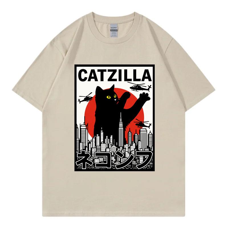 Catzilla Funny Cat Attack Graphic T Shirts Harajuku Japanese Unisexga Short Sleeve Tshirts Unisex Unisex Casual Fashion Loose Tshirt