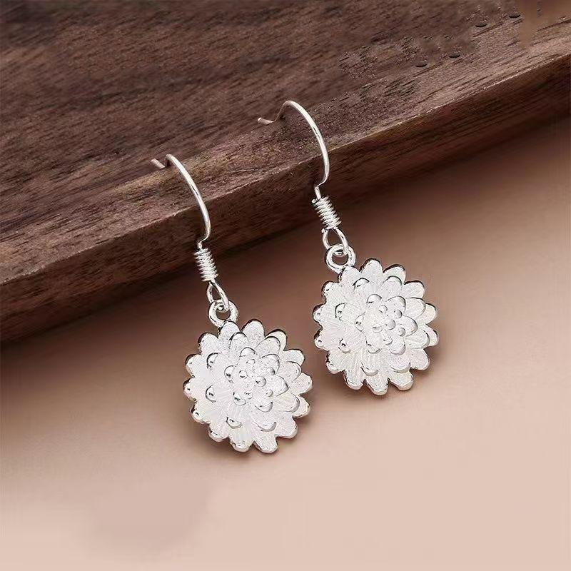 Lotus Silver Pendant Earrings - Retro Fashion with Ear Hooks