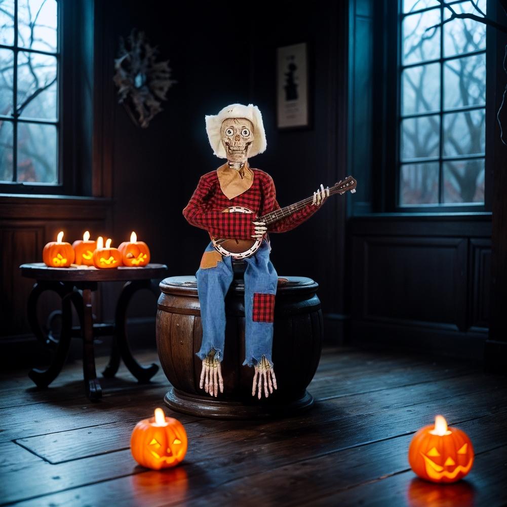 2025 Halloween Dueling Banjo Skeletons Spooky Singing Cowboy Skull Guitar Statue Desktop Ornament Halloween Decorations