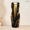 Women Plus Size Black Gold Printed Two Piece Set Sleeveless Bodycon Dress Long Sleeve Draped Cardigan