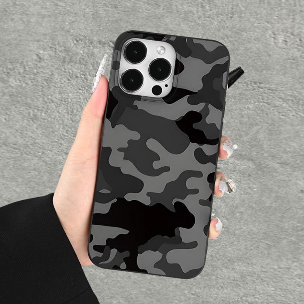 Black Grey Camouflage Print Phone Case for iPhone 16 15 14 13 12 11 Pro Max Aesthetic Camo Shockproof Cover for Men Women