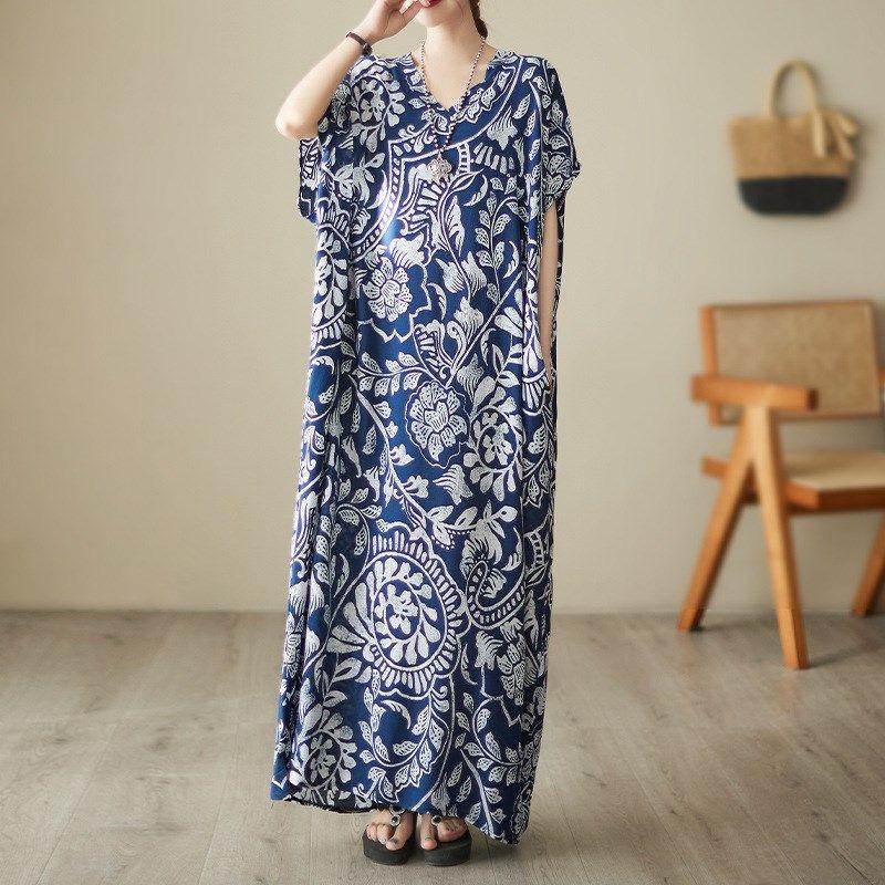 

Summer Womens Vneck Printed Cotton Long Dress Holiday Sty Navy blue One size