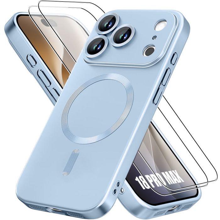 Coque pour iPhone 18 Pro Max, Anti-Rayures avec Cercle Magnétique - Bleu - 2 Verres Trempés