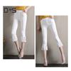 Women Cropped Pants Solid Color High Elastic Summer Flared Pants Lace Stitching Trim Tight Leggings with Pockets