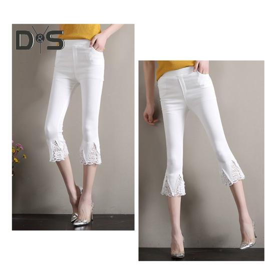 Dámské zkrácené kalhoty, jednobarevné, vysoce elastické, letní, rozšířené kalhoty, krajkové prošívání, těsné legíny s kapsami