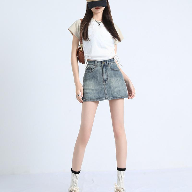 Fusta scurtă de denim retro Fusta scurtă de slăbire cu talie înaltă de vară pentru femei, Fusta înfășurată în șold cu linie A anti-orbire