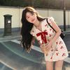 Wine Stained Cherry Bow Small Fly Sleeve Dress Sweet Wind Waist Thin Design Sweet Spicy Printed Short Skirt