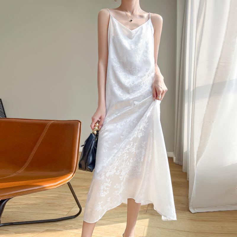 Women s Chinese Style Satin Jacquard Maxi Dress with Spaghetti Straps Extra Extra Large жемчужина белый