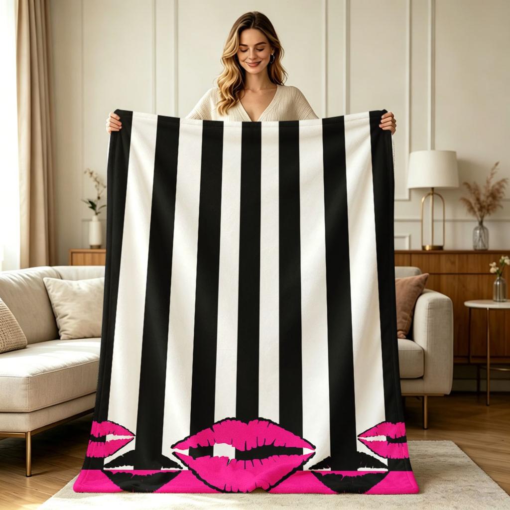 Soft Flannel Blanket with Bold Stripes and Lip Print All Season Warm Throw Blanket for Sofa Couch Bedroom Office Home Decor