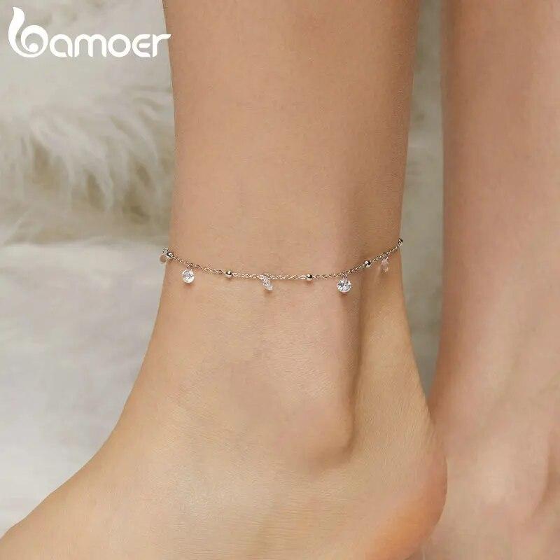 BAMOER Schillerndes Zirkonia-Fußkettchen 925 Sterling Silber Chian Armband für das Bein Weiblicher Fußschmuck für Frauen Beinkette Edler Schmuck