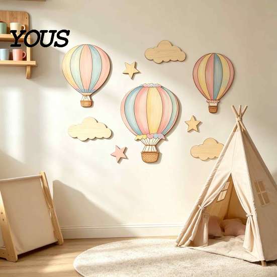 Kids Room Aesthetic Wall Decor 9 Pcs Hot Air Balloon Nursery Decor, Boho Wooden Art Sign, Modern for Cute Balloons Stars Clouds Baby Shower Decoration
