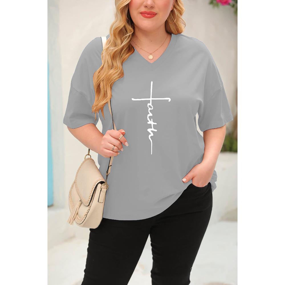 (XL~5XL) Женская однотонная свободная футболка с коротким рукавом с буквенным принтом — фото 10