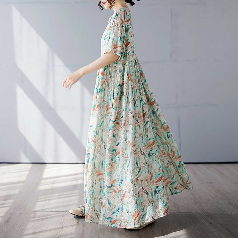 Women's Simple and Fashionable Long Skirt, Short Sleeved Round Neck Printed Dress