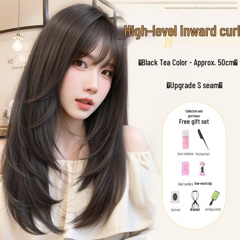 Damen-Vollperücke, Realistischer nahtloser unsichtbarer Ansatz, Fein geschnittenes hochgestuftes voluminöses langes glattes Haar