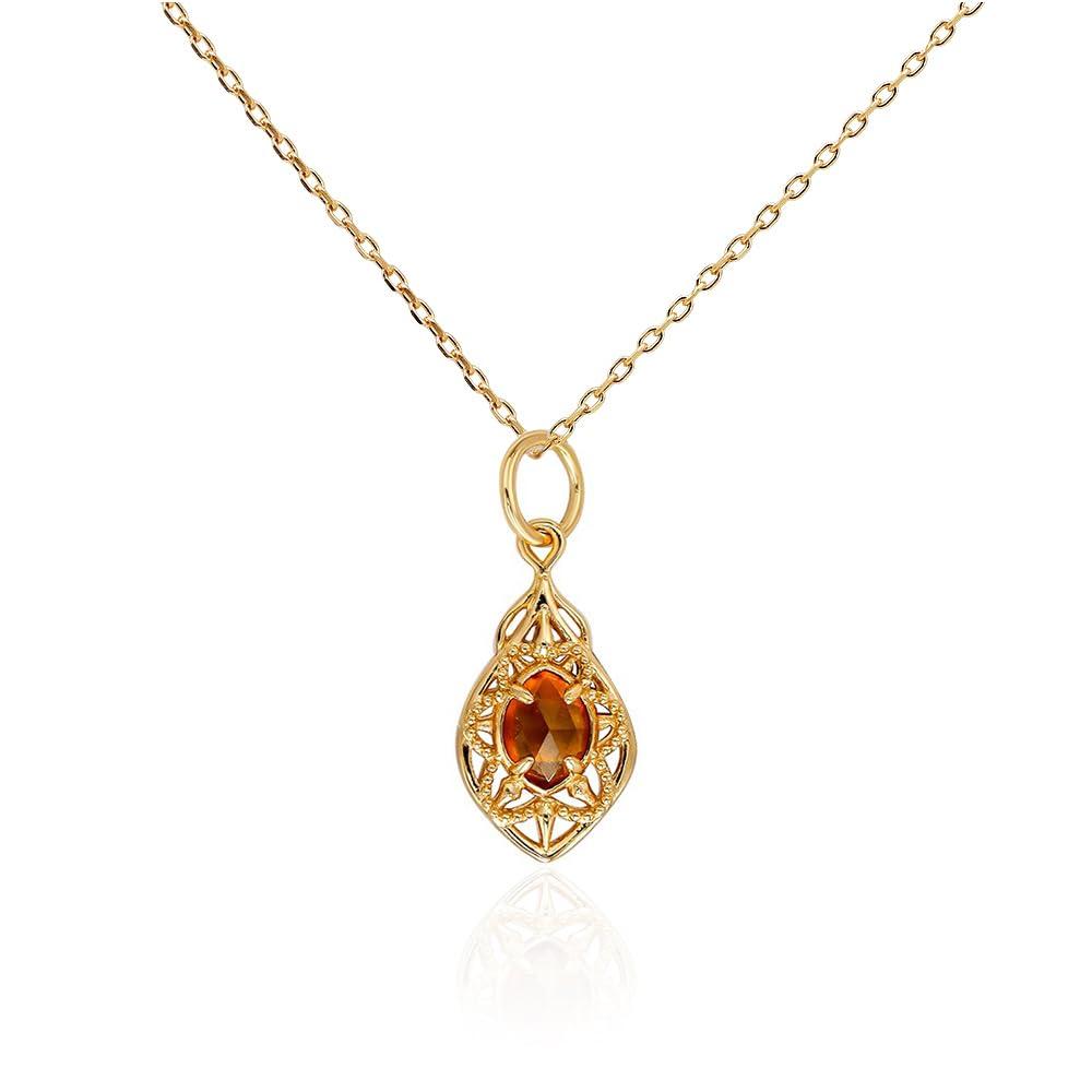 

[Richight] Simple Orange-Red Garnet Pendant Sterling Silver Necklace for Women, Retro Style, Silver 925, Marquise Rose Cut Natural Stone, Small