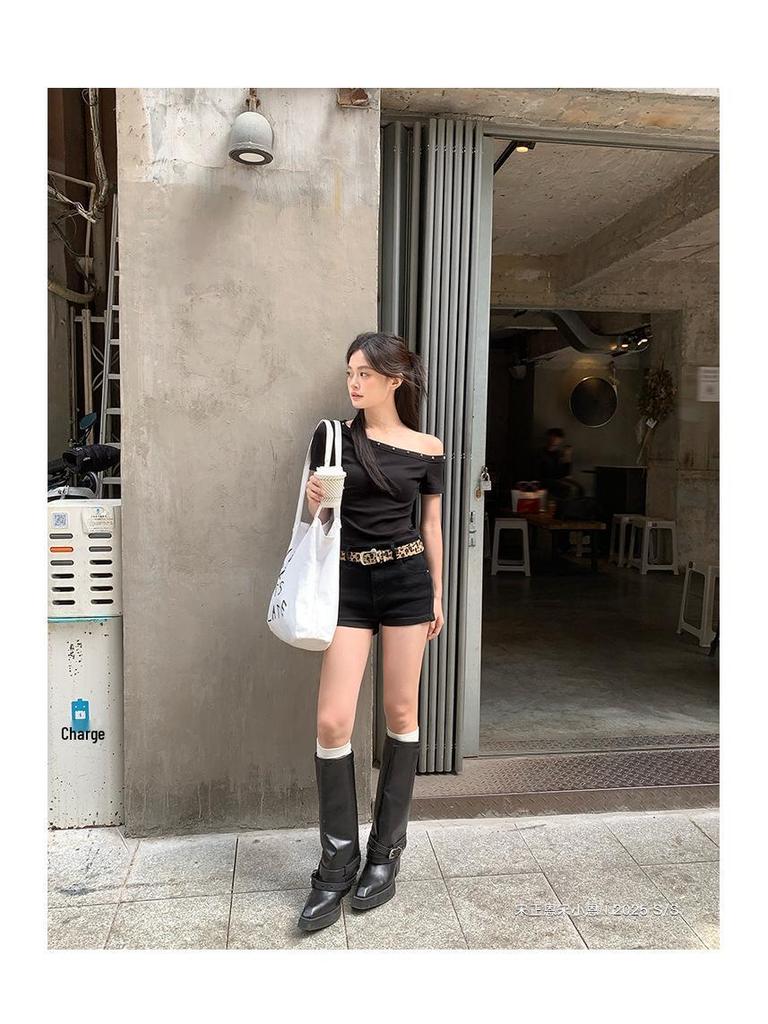 Women's Black Asymmetric Off-Shoulder T-Shirt with Rhinestones, Summer 2025 Collection - Chic and Unique Style