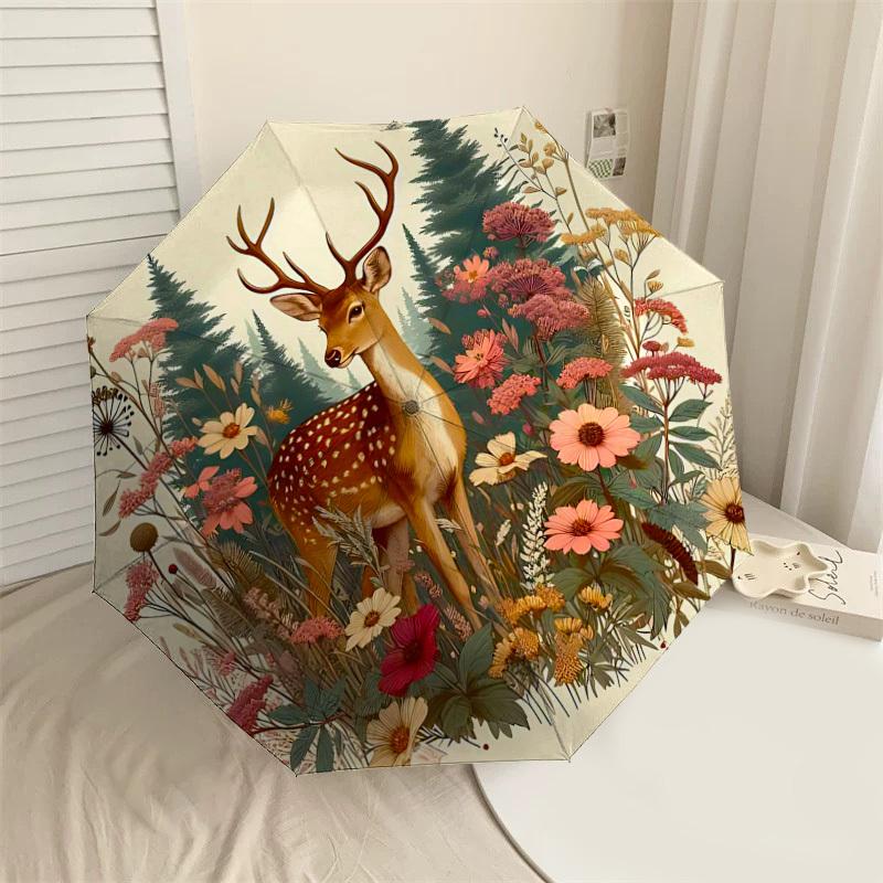 

1PC Deer Flowers Umbrella-8-Rib Reinforced Portable Folding Travel Suitable for All Seasons Outdoor Daily Use-G340