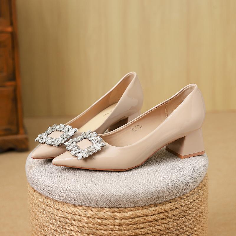 

Women s Elegant Black Mid Block Heels Pumps with Crystal Rhinestone Pointed Toe Dress Shoes 40