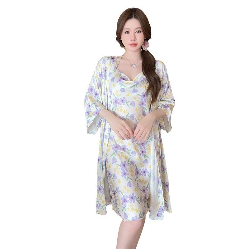 Swinging collar sexy pajamas women's summer new ice silk high-end printing suspender nightdress nightgown loungewear two pieces