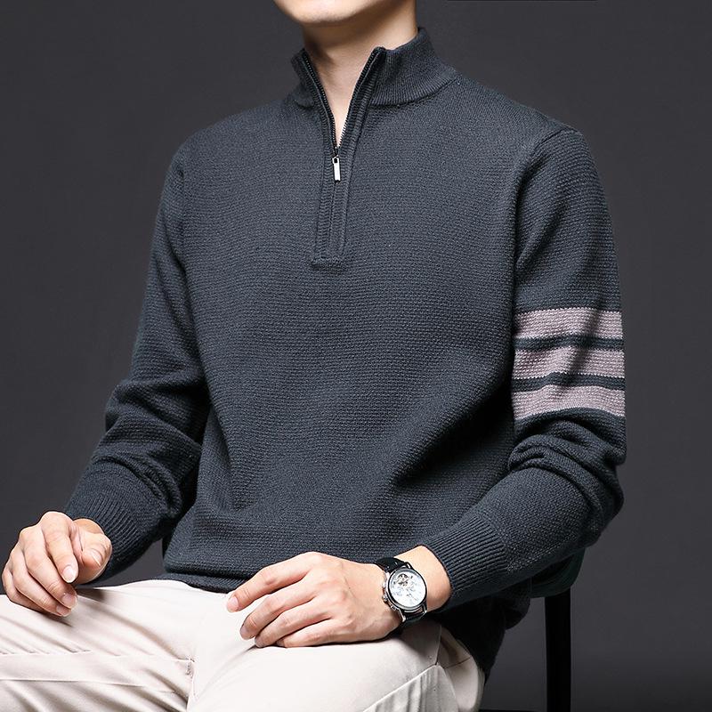 Manzibo Men's Half-Zip Jacquard Knit Stand Collar Sweater - Breathable Casual Autumn/Winter Pullover