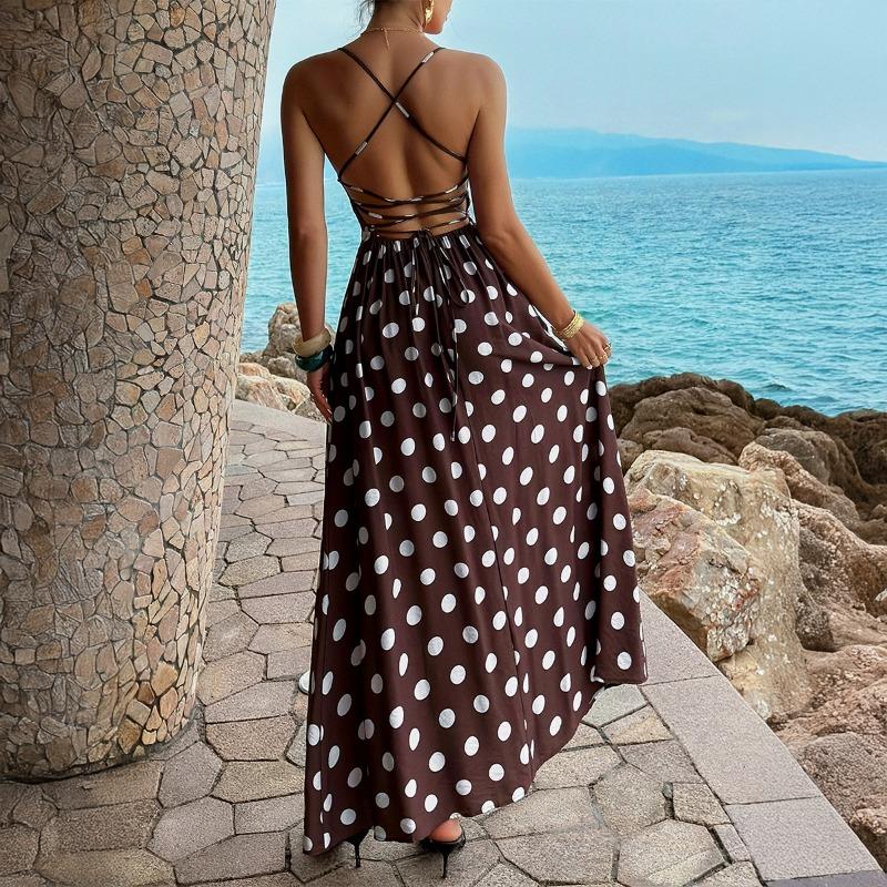 Womens Brown White Polka Dot Spaghetti Strap Maxi Dress