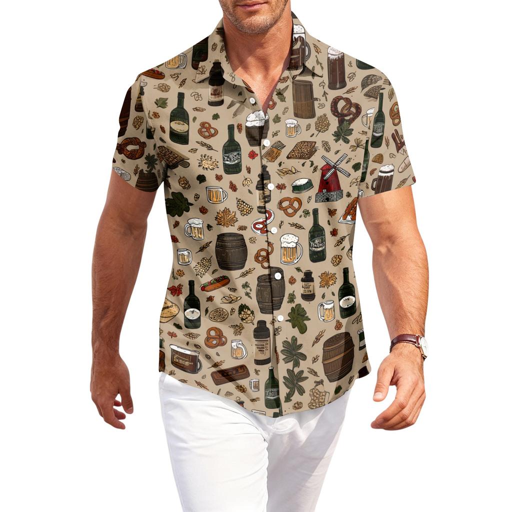 Camicia Casual da Uomo a Maniche Corte con Bottoni e Stampa Festival della Birra Tessuto Leggero Traspirante Vestibilità Rilassata Top Estivo