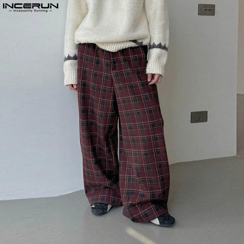INCERUN Men Casual Loose Elastic Waist Plaid Print Wide Legs Pants Long Trousers