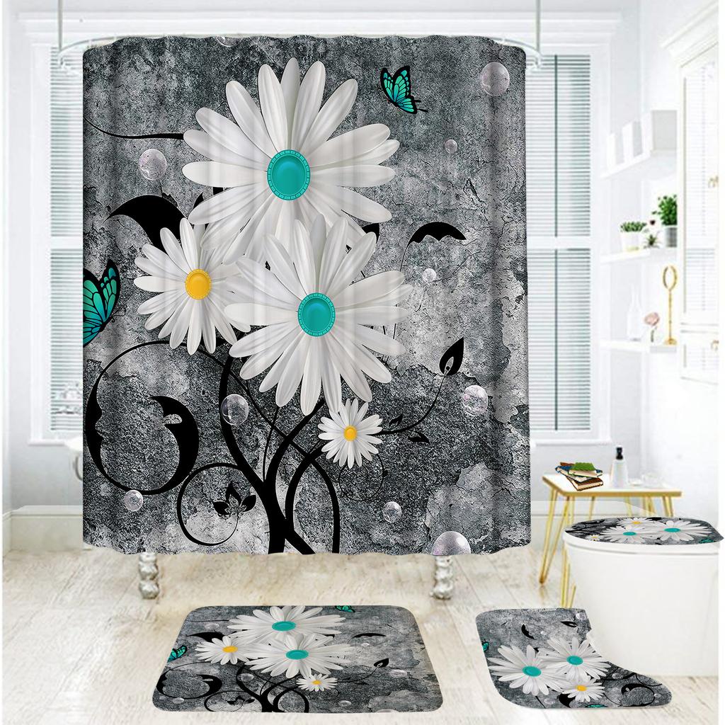 Badezimmer Duschvorhang Vierteilig Digitaldruck Holzmaserung Chrysanthemenpflanze Wasserdichter Duschvorhang Duschvorhang Trennvorhang