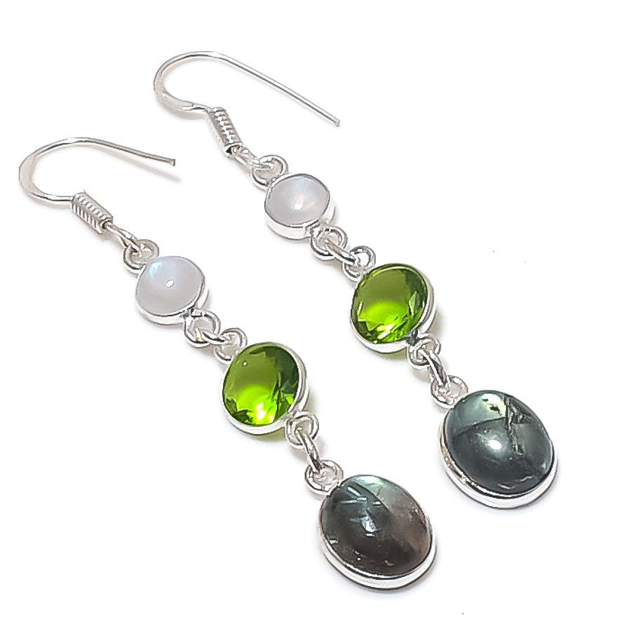 Natural Labradorite, Peridot Gemstone 925 Sterling Silver Earring 2.44" I1t77