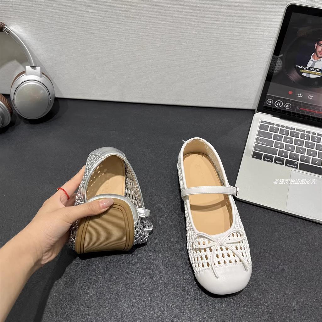 Ballet style bow hollow woven one-word buckle shallow mouth single shoes women's spring and summer 2025 new x Mary Jane shoes