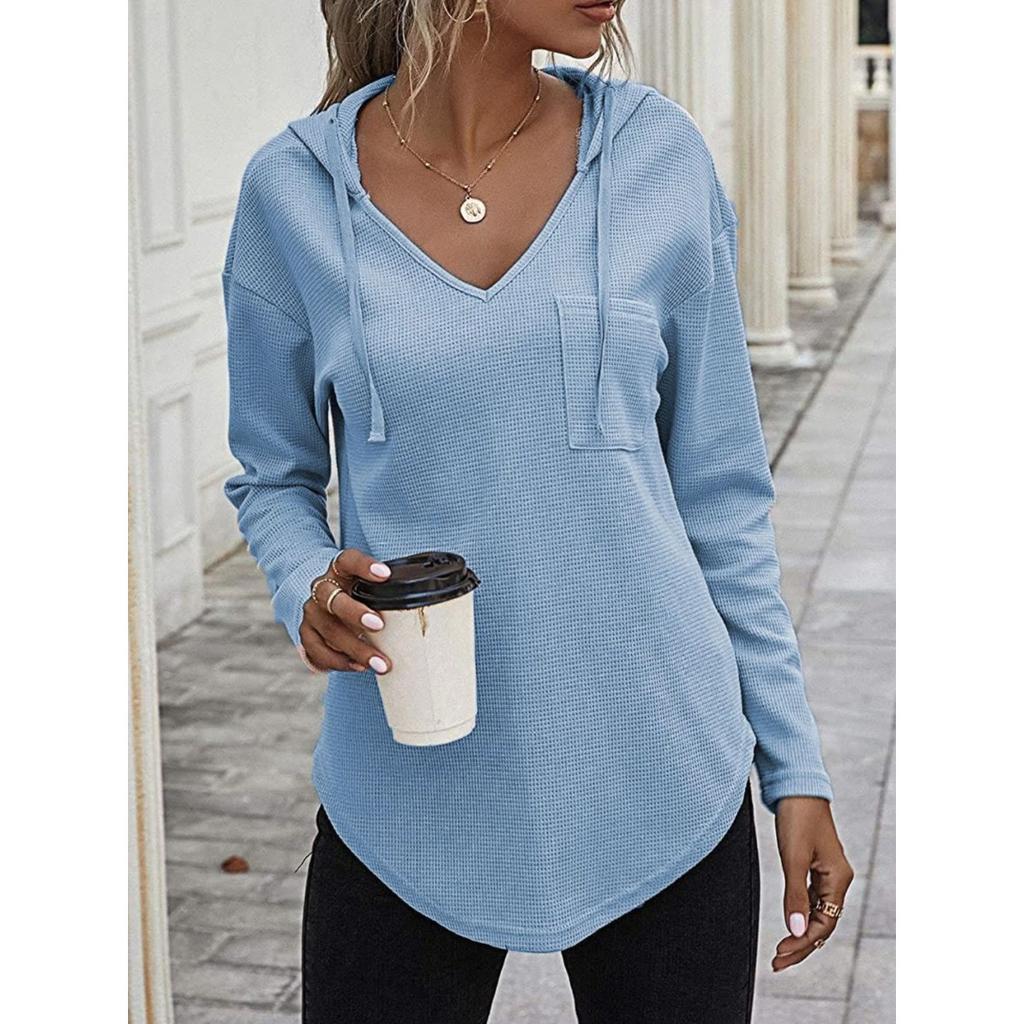 Women's V Neck Long Sleeve Hoodie Oversized Casual Pullover Waffle Knit Tunic Top