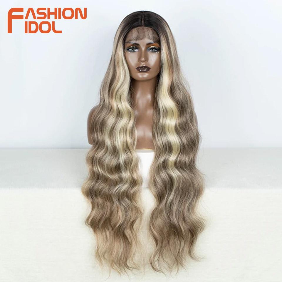 FASHION IDOL 36inch/90cm Loose Body Wavy Wigs Synthetic Lace Wigs For Black Women Ombre Blonde Cosplay Wigs Heat Resistant Fiber