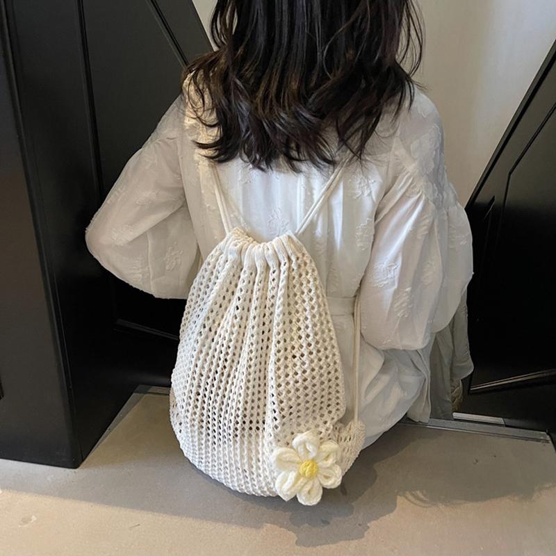 Yogodlns Fashion Solid Color Floral Decor Crochet Shoulder Bag Woven Women Beach Holiday Bucket Hollow Out Large Capacity  Backpack