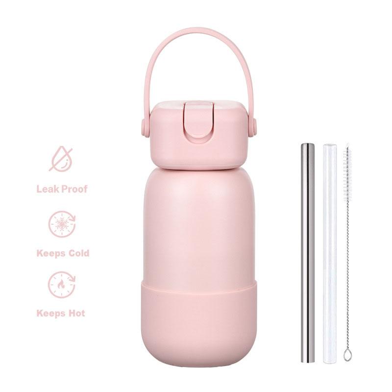 Borraccia Termica in Acciaio Inossidabile da 450/740ml con Manico, Cannuccia, Base in Silicone, Bicchieri da Bevuta Sottovuoto a Doppia Parete, Tazza Termica Sportiva