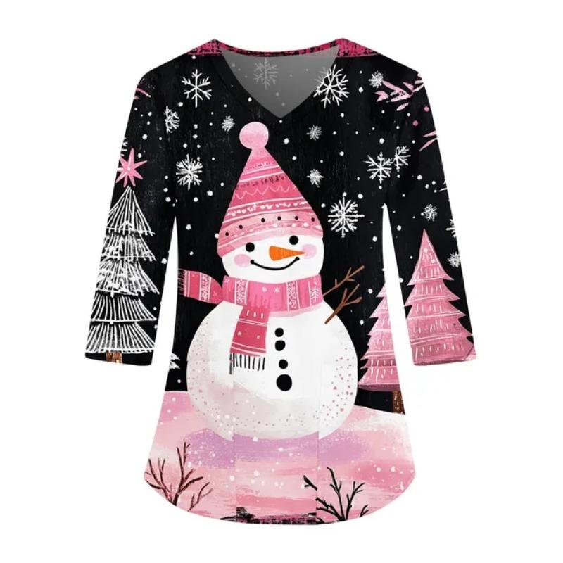 

Рождественская форма медсестры, женская, с рисунком снеговика, лося, рукава 3/4, повседневные комбинезоны с карманами, униформа для медицинских сестер 3XL