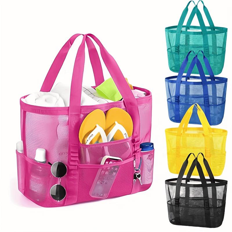 Summer Essentials Large Sandproof Mesh Beach Tote Bag with Pockets, Foldable Portable Shoulder Bag, Large Capacity Multi-Pocket Storage for Beach