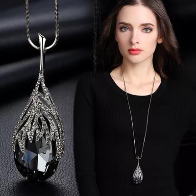 Women Lady Waterdrop Shaped Crystal Pendant Necklace Sweater Chain Jewelry Clothing Accessories KTJ