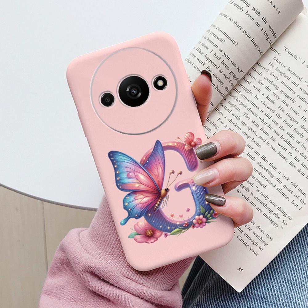 Handyhülle für Xiaomi Redmi A3 4G A3x Rosa Buchstabe Blume Schmetterling Stoßfest Weiches Silikon Cover Kameraschutz TPU Fundas