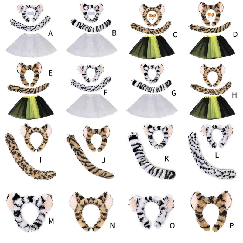 1/2/3/4 Animal Leopard Costume Accessories Leopard Ears Headband Tail Bowtie Tutus Skirt Halloween Cosplay Party Props