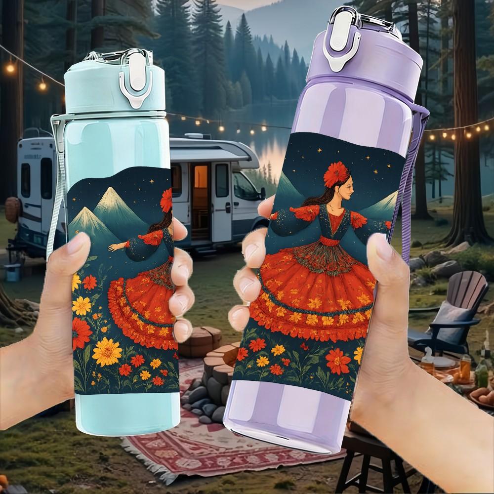 1PC Folk Art Colorful Mask Square 750ml Color Plastic Sports Water Bottle Leakproof Flip Straw Lid Suitable for Sports Office Home Use
