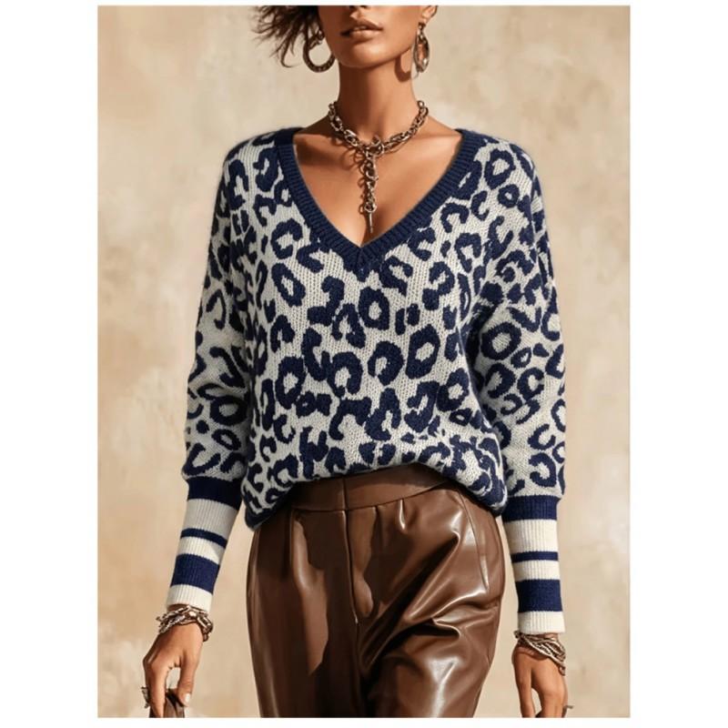 Damen V-Ausschnitt Leopardenmuster Strickpullover Lockerer Schnitt Langarm Winter Freizeit Streetwear Top