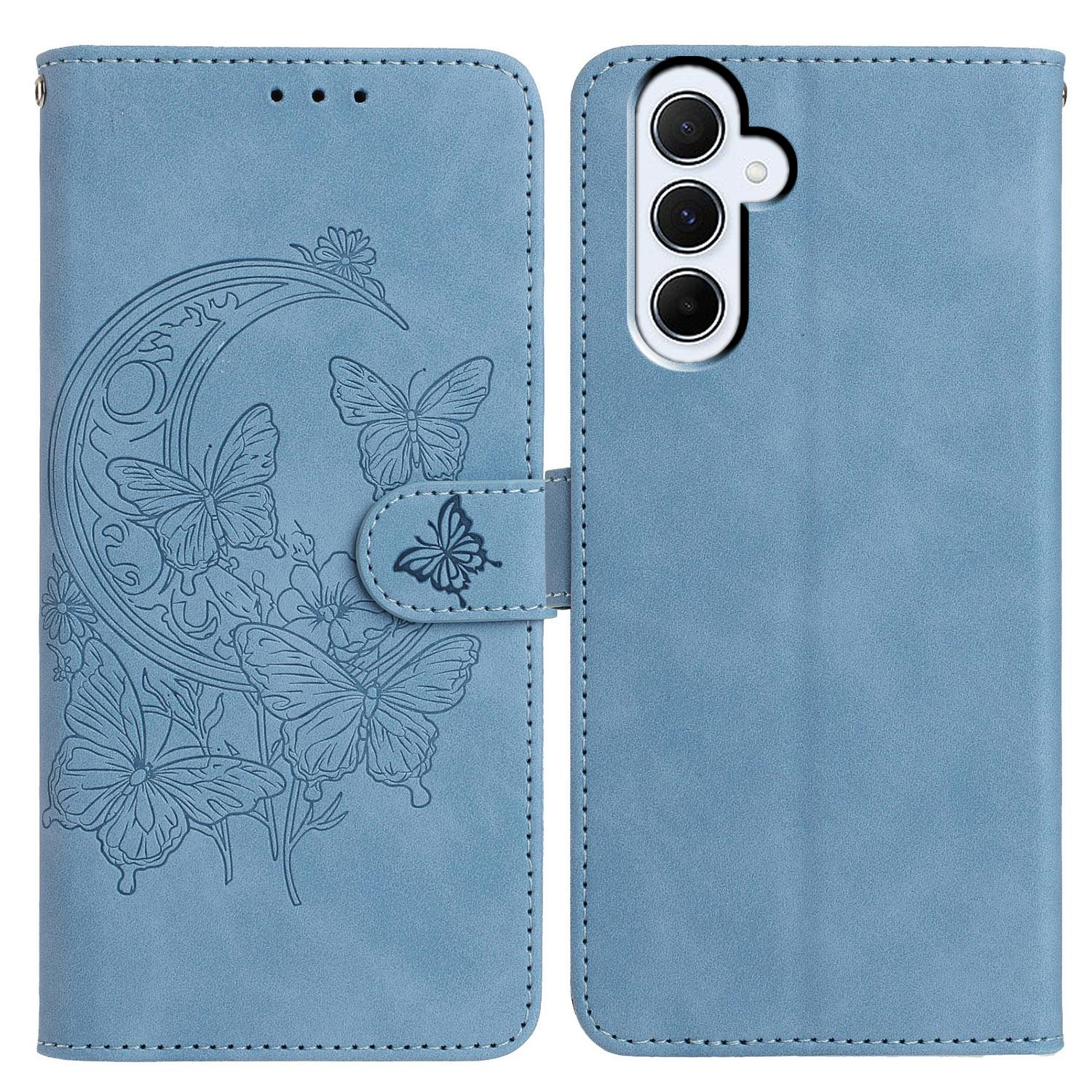 

For Samsung Galaxy A55 5G Case Butterfly Flower Imprinted PU Leather Wallet Stand Phone Cover Sky Blue