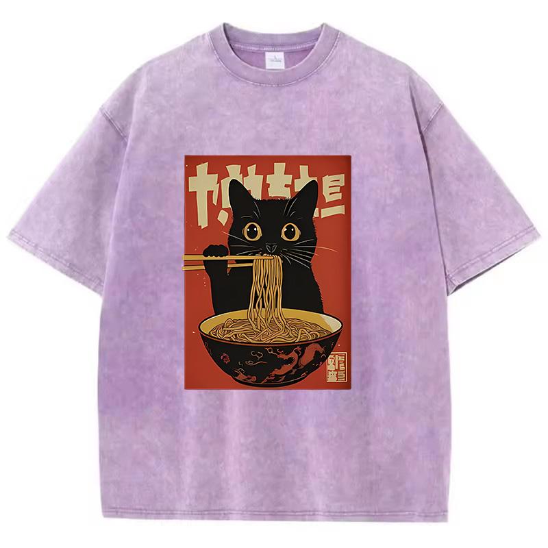 T Shirt Vintage Washed 100% Cotton T-Shirt Black Retro Cat Eating Ramen Graphic Tee Casual Streetwear for Spring Summer