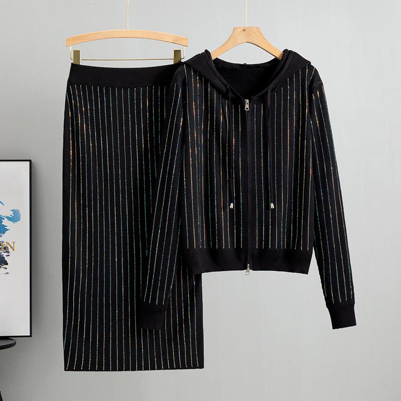 Elegant Korean Rhinestone Knit Cardigan & Skirt Set - Women's Spring/Autumn Two-Piece