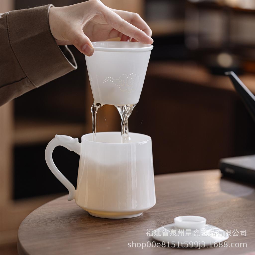 Unpolished Jade White Porcelain Office Mug: Thin-Walled Ice-Type Tea Brewing Cup, Ceramic Business Gift with Customizable Gift Box