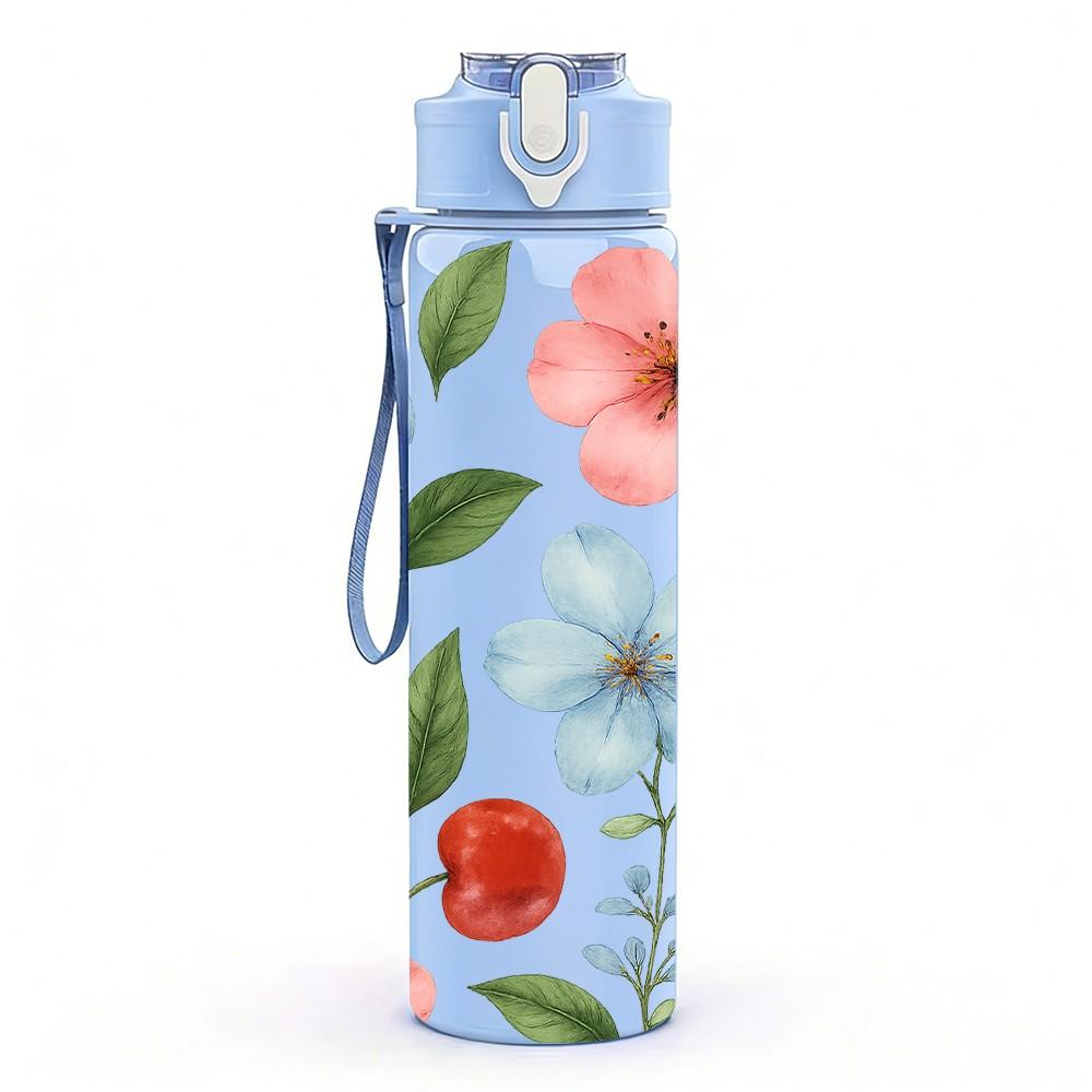 1PC Spring Wild Flower Pattern 750ml Color Plastic Sports Water Bottle Leakproof Flip Straw Lid Suitable for Sports Office Home Use